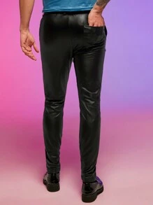 FeverCity Men Solid PU Leather Pants - Black - View 2