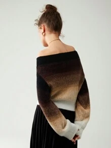 Anewsta Áo len chui đầu tay phồng trễ vai phối màu ombre mùa thu đông. - Đen và trắng - Xem 2