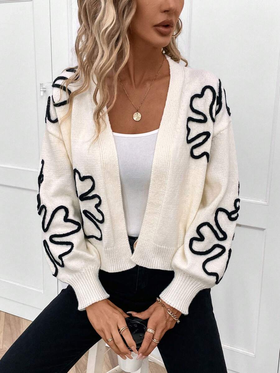 SHEIN LUNE Floral Pattern Drop Shoulder Duster Cardigan - White - View 1