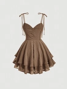 SHEIN MOD Chấm Swiss Cà vạt vai Mặt trước dây rút Hai lớp Hem Váy Dây - màu nâu - Xem 2
