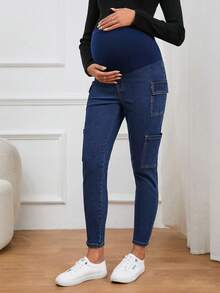 SHEIN Thai sản Thắt lưng băng rộng Túi nắp bên cạnh Quần jean chở hàng - Rửa trung bình - Xem 6