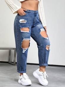 SHEIN EZwear 大碼高腰破洞媽媽牛仔褲 - 深色水洗藍 - 查看 4