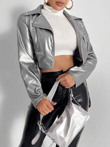 Allurite Zip Up Crop PU Leather Moto Jacket - Silver - View 3