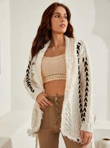 Bohemela Lace Up Front Cable Knit Drop Shoulder Cardigan - Beige - View 5