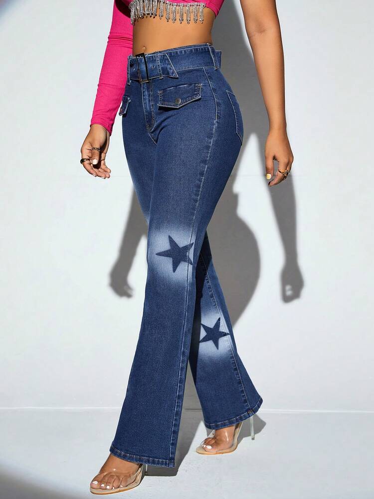 Star Print Flare Leg Jeans