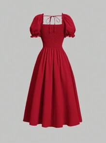 SHEIN MOD Solid Lace Up Front Puff Sleeve Dress - Red - View 2