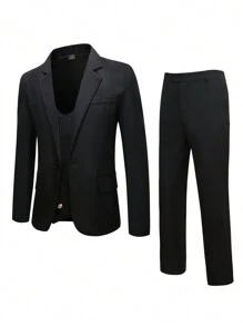 Manfinity Mode 男士大码素色西裝外套&西裝褲 - 黑色 - 查看 1