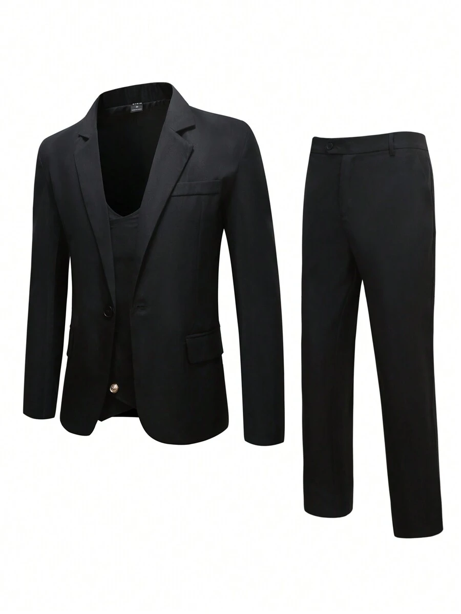 Manfinity Mode 男士大码素色西裝外套&西裝褲 - 黑色 - 查看 1