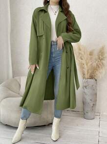 Calvaya Plus Lapel Neck Double Breasted Belted Trench Coat - Army Green - View 5