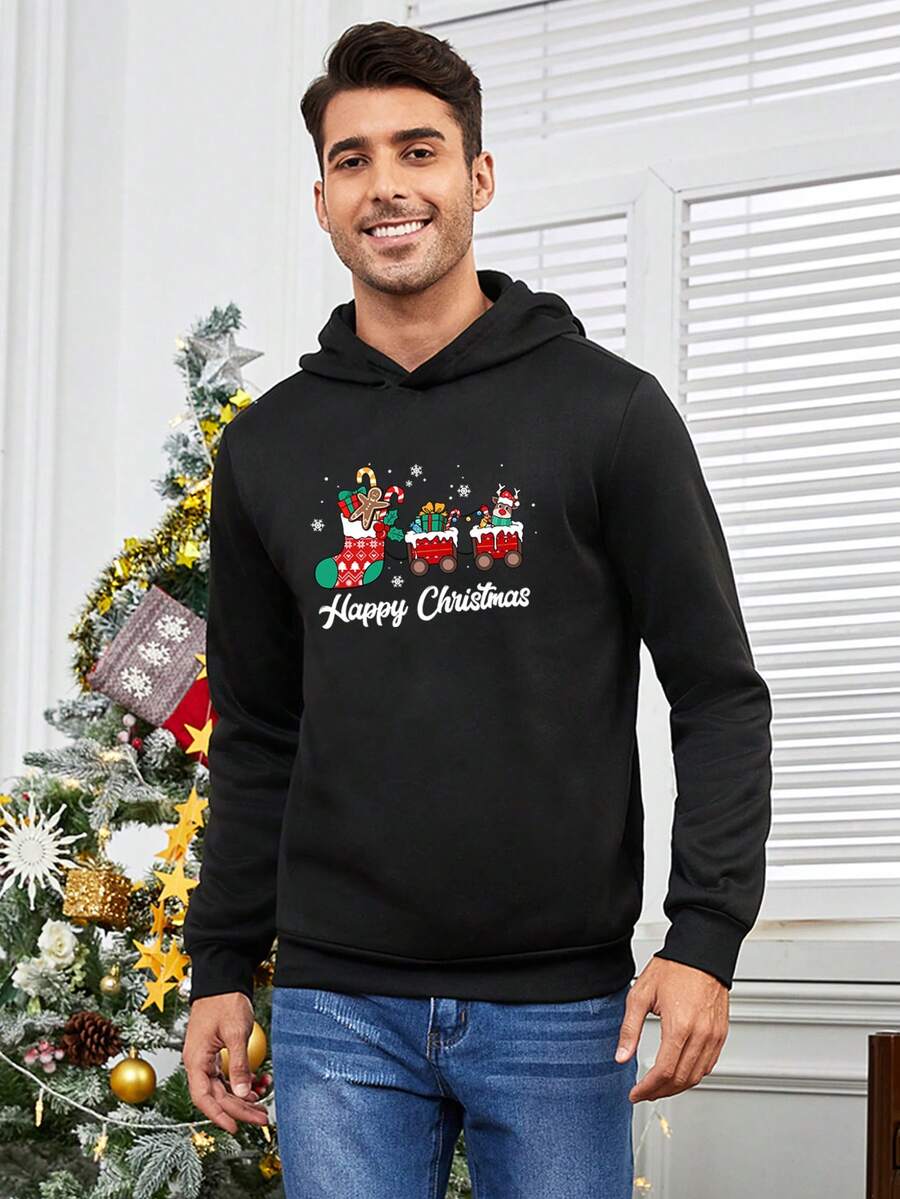 GENTILAND Loose Fit Men's Christmas Print Hooded Sweatshirt - Black - View 1