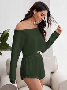 Miss Vinta Solid Color Cropped Top And Shorts Casual Outfit Set, Winter Clothes