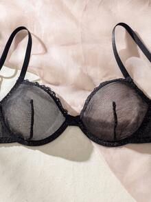 SHEIN Lace Trim Mesh Underwire Lingerie Set - Black - View 3