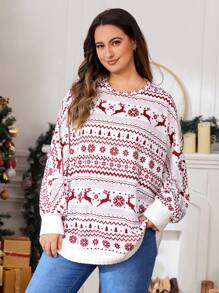 SHEIN LUNE Plus Christmas Print Drop Shoulder Sweatshirt - White - View 6