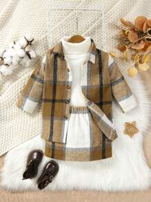 女嬰格紋印花襯衫&半身裙無毛衣 - 棕色 - 查看 1