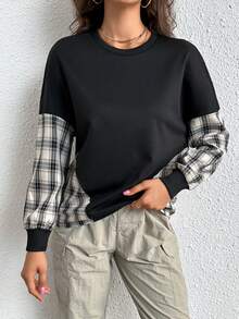 SHEIN Essnce 格紋印花落肩袖運動衫 - 黑色 - 查看 5