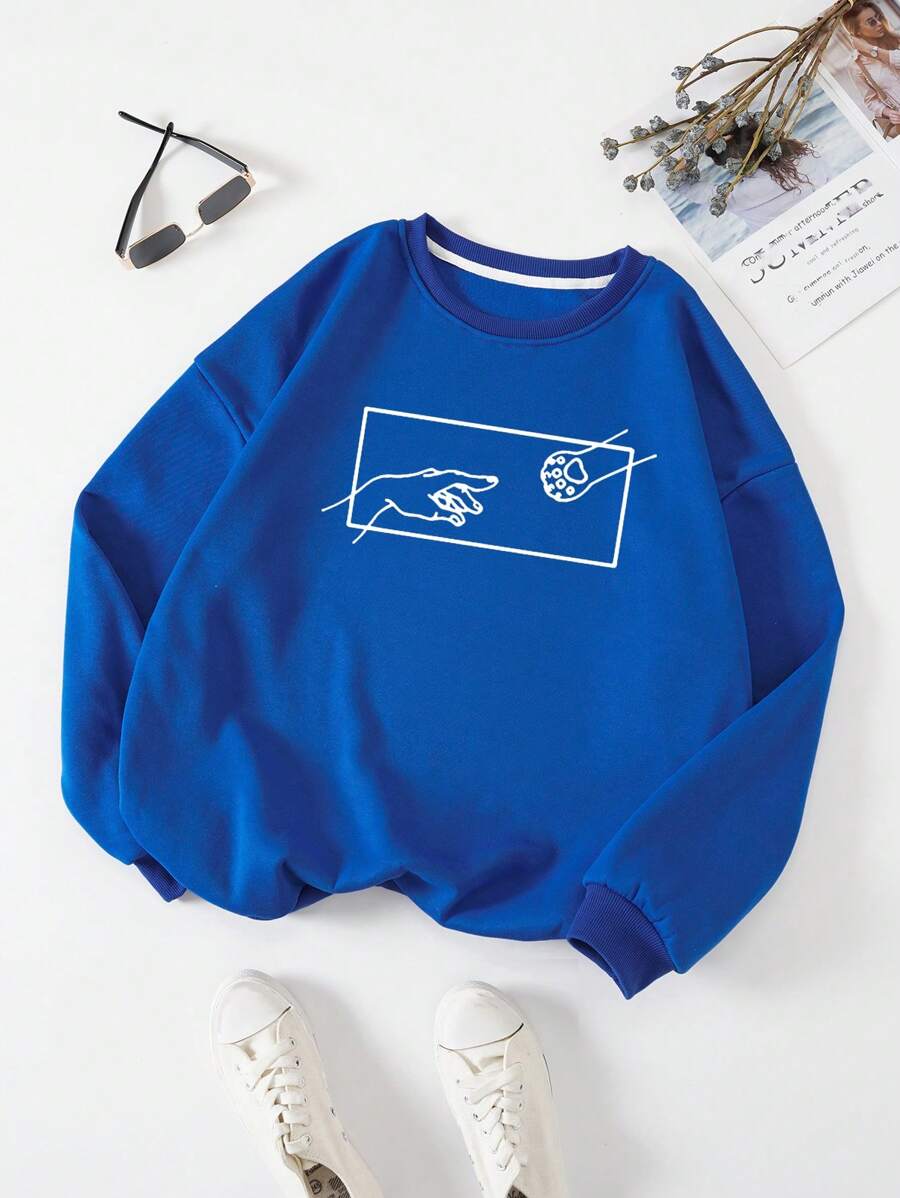 SHEIN LUNE Plus Hand Print Thermal Lined Sweatshirt - Royal Blue - View 1