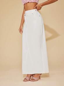 SHEIN BAE High Waist Button Detail Denim Skirt - White - View 4