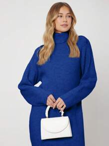 EURMUSE Solid Turtleneck Drop Shoulder Sweater Dress - Royal Blue - View 4