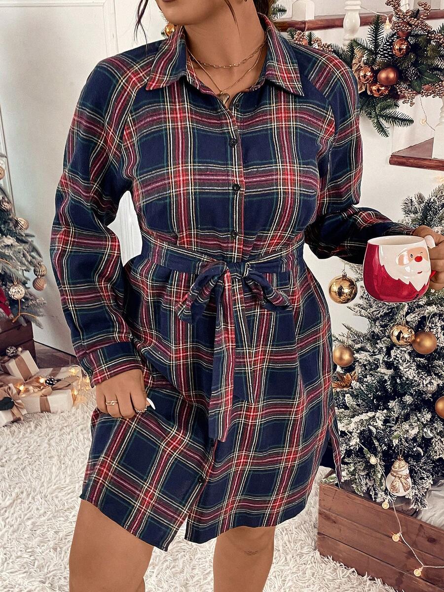 EMERY ROSE Hơn In kẻ sọc Tay Raglan Thắt lưng Váy sơ mi - Nhiều màu - Xem 1