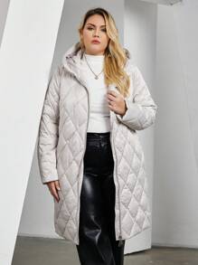 Astrid Plus Zip Up Hooded Quilted Coat - Beige - View 1