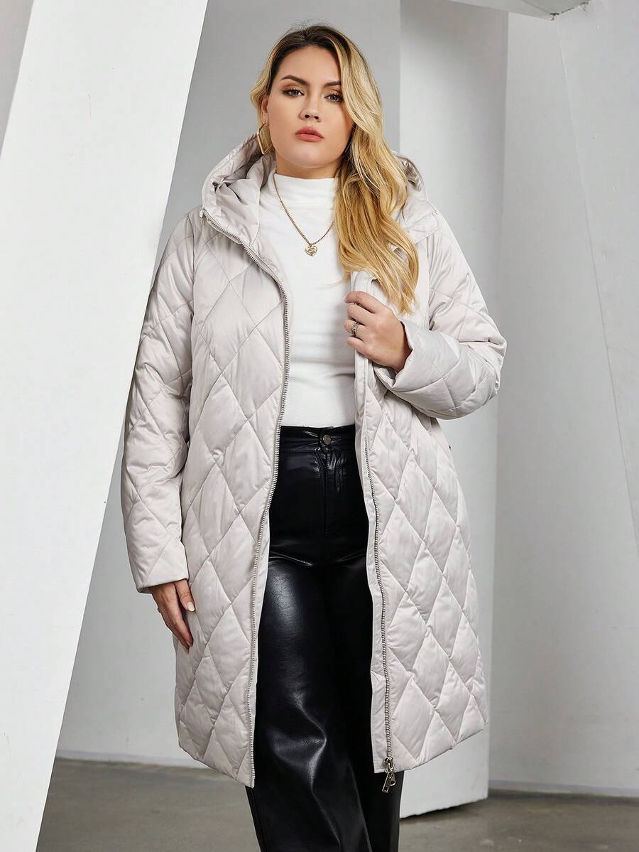 Astrid Plus Zip Up Hooded Quilted Coat - Beige - View 1