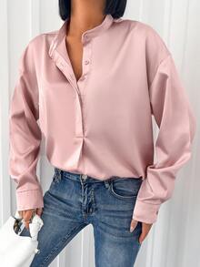 SHEIN Cottnline Solid Button Front Drop Shoulder Shirt - وردي صدئ - مشاهدة 6