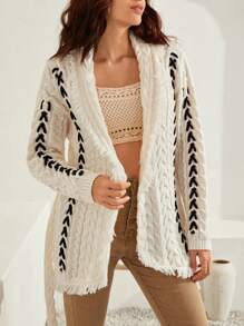 Bohemela Lace Up Front Cable Knit Drop Shoulder Cardigan - Beige - View 6