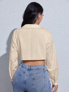 SHEIN EZwear 大碼素色前紐扣襯衫 - 杏色 - 查看 3