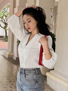 DAZY Pearls Beaded Lantern Sleeve Button Front Satin Blouse,Long Sleeve Tops,Fall Clothes - White - View 6
