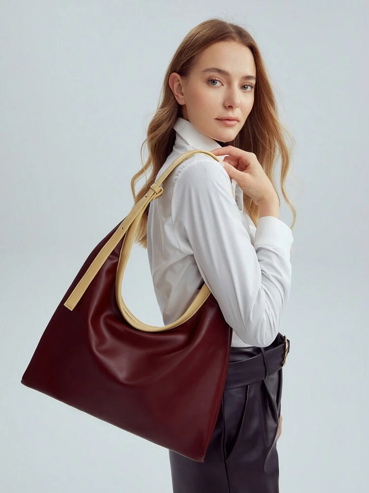 PREMIUM CONTRAST HANDLE HOBO BAG - Burgundy - View 5