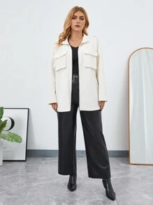 SHEIN Essnce Plus Flap Pocket Drop Shoulder Zip Up Drop Shoulder Coat - Apricot - View 3