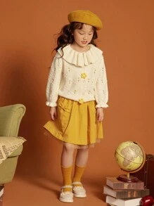 Tween Girl Floral Embroidery Peter Pan Collar Button Front Cardigan - Beige - View 4