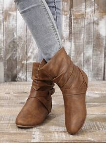 Ladies' Fashionable Brown Ribbon Wrinkle Detail Slip-on Low Cut Flat Boots - Brown - View 4