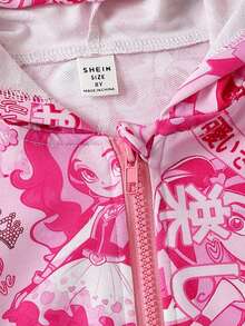 SHEIN Tween Girl Pop Art Print Zip Up Hooded Jacket - Pink - View 7