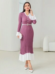 Modelyn Colorblock Flare Sleeve Ruffle Hem Sweater Dress - Purple - View 2