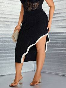 SHEIN Unity Plus Contrast Binding Asymmetrical Hem Cable Knit Skirt - Navy Blue - View 1