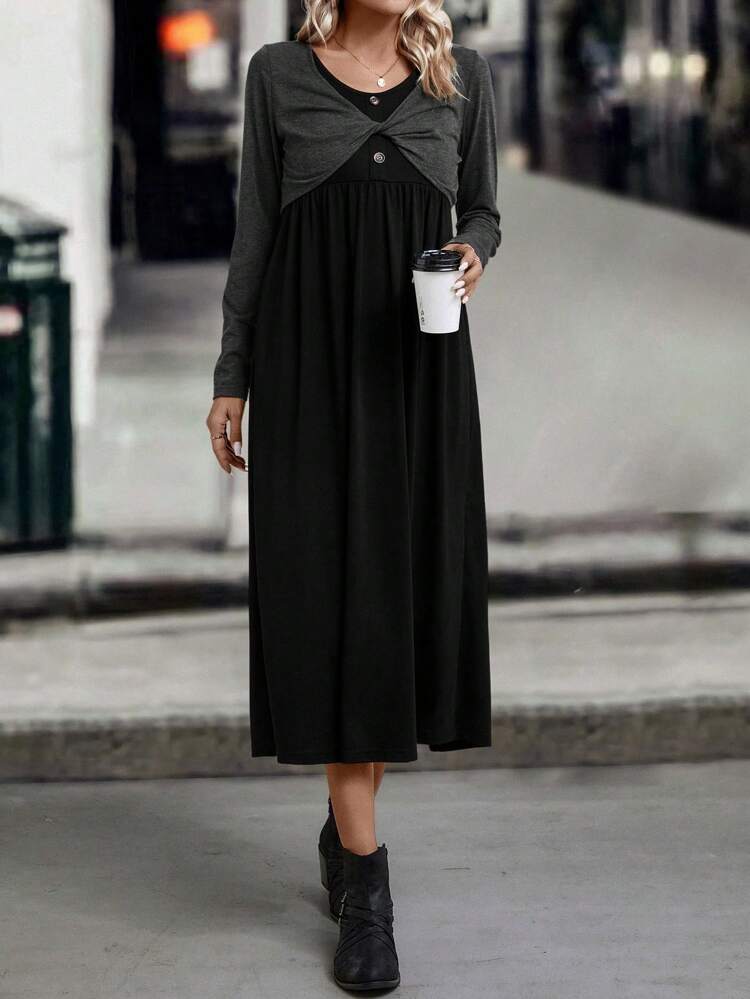 Solid Tee & Ruched Front Dress Fall Cloth For Women