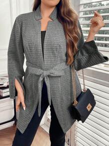 SHEIN Clasi Plus Plaid Print Roll Tab Sleeve Belted Overcoat - Dark Grey - View 6