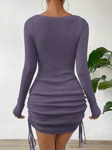 SHEIN Essnce 缺口領側抽繩毛衣洋裝 - 紫色 - 查看 2