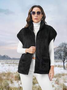 SHEIN LUNE 蝙蝠袖系带法兰绒背心棉服外套冬季 - 黑色 - 查看 6