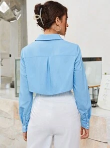 SHEINNeu Chèn ren Guipure Nút phía trước Mùa vụ Áo sơ mi - Màu xanh nhạt - Xem 3