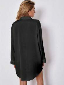 落肩翻领缎面睡衣连衣裙 Luxeloungewear，秋季，冬季，宽松睡衣