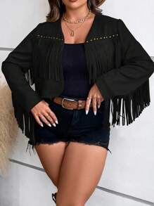 SHEIN LUNE 大碼流蘇邊開門襟短夾克 - 黑色 - 查看 6
