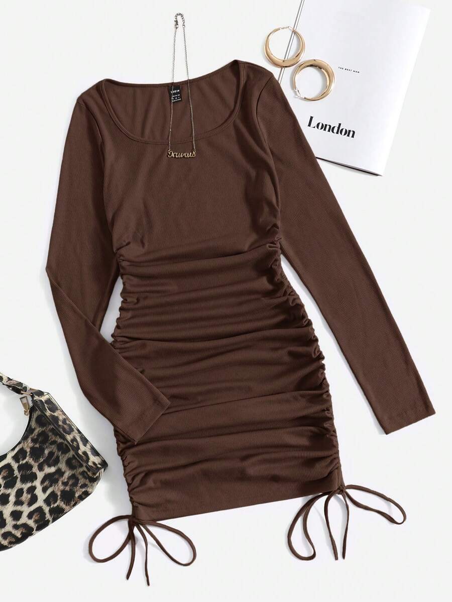 SHEIN EZwear 大圓領側抽繩褶邊洋裝 - 棕色 - 查看 1