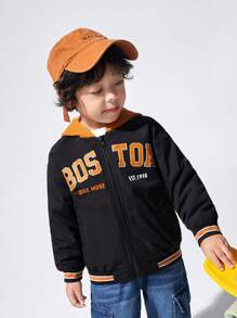 SHEIN جاكيت بطباعة أحرف مقلم مخطط بطباعة تيدي قبعة بدون كنزة صوف ولد طفل