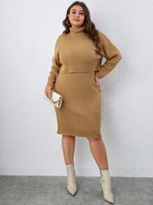 SHEIN Frenchy Plus Turtleneck Drop Shoulder Ribbed Knit Sweater & Knit Skirt - Khaki - View 6