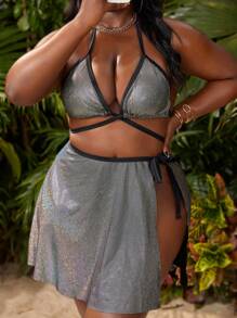 Slaydiva Conjunto de bikini triangular con tirantes de contraste metálico y falda de playa para talla grande, perfecto para el verano - Multicolor - Ver 5