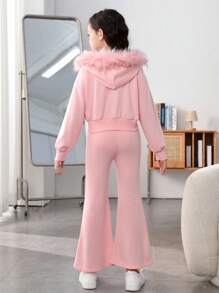 SHEIN 女大童1入組落肩袖拉鍊開襟毛茸邊連帽夾克和1入組喇叭褲 - 粉色 - 查看 2