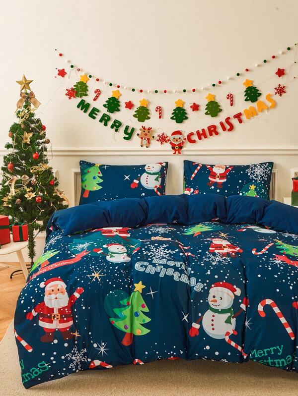 3 pièces Ensemble De Housse De Couette Bleu En Polyester Avec Père Noël , Arbre , Bonhomme De Neige Motif