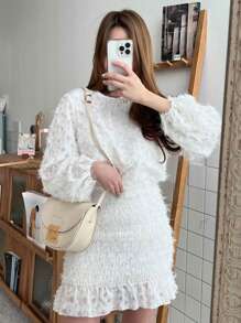 DAZY 纯色荷叶边下摆毛绒连衣裙，秋季连衣裙 - 白色 - 查看 8